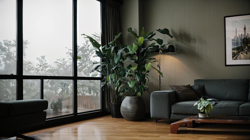 00904-3215346292-midcentury modern living room dimly lit with dark rainy evening outside, (foggy rainy evening_1.2), pacific northwest, (dim ligh.png